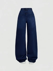 SHEIN Girlism 青少年女孩口袋寬腿鬆垮休閒百搭牛仔褲 - 深色水洗藍 - 查看 2