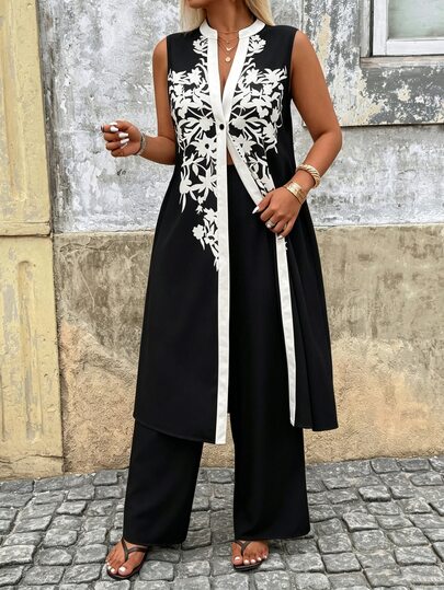 Breezaya Plus Size Women Black And White Botanical Print Sleeveless Long Top & Contrast Pants 2-Piece Set,Summer Elegant Tropical Vacation Al-Adha Outfit