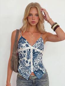 Sundraya Women's Vacation Paisley Print Contrast Lace Camisole Top Brunch White And Blue Floral Summer Boho - Multicolor - View 4
