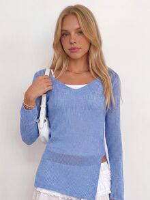 Sundraya Relaxed Slouchy Side Slit Knit Top V-Neck Thin Long Sleeve European & American Hot Girl Outerwear Daily Versatile Cover-Up - Baby Blue - View 6