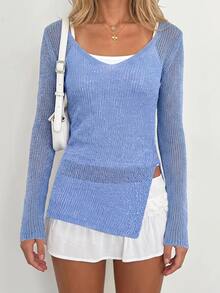 Sundraya Relaxed Slouchy Side Slit Knit Top V-Neck Thin Long Sleeve European & American Hot Girl Outerwear Daily Versatile Cover-Up - Baby Blue - View 7
