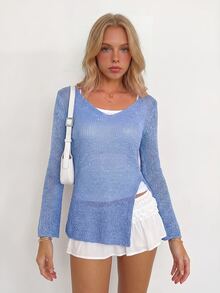 Sundraya Relaxed Slouchy Side Slit Knit Top V-Neck Thin Long Sleeve European & American Hot Girl Outerwear Daily Versatile Cover-Up - Baby Blue - View 3