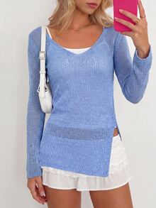 Sundraya Relaxed Slouchy Side Slit Knit Top V-Neck Thin Long Sleeve European & American Hot Girl Outerwear Daily Versatile Cover-Up - Baby Blue - View 5