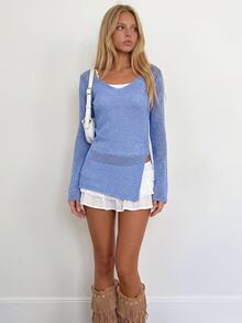Sundraya Relaxed Slouchy Side Slit Knit Top V-Neck Thin Long Sleeve European & American Hot Girl Outerwear Daily Versatile Cover-Up - Baby Blue - View 1