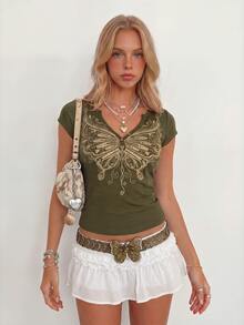 Sundraya Women's Butterfly Pattern Casual Versatile Daily Wear T-Shirt - Green - View 7