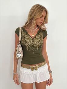 Sundraya Women's Butterfly Pattern Casual Versatile Daily Wear T-Shirt - Green - View 3