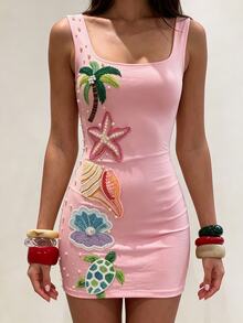 Sundraya Women's Tropical Beaded Decor Pink Mini Dress - Multicolor - View 3
