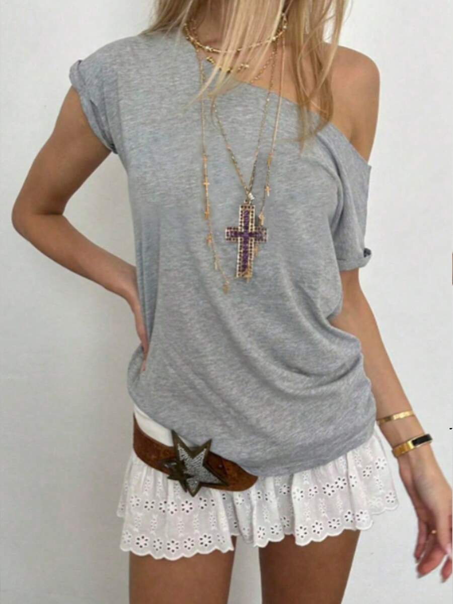 Sundraya Women's Casual Solid Color Asymmetric Neck T-Shirt, Summer Graphic Tees Women Tops - Light Grey - View 1