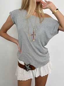 Sundraya Women's Casual Solid Color Asymmetric Neck T-Shirt, Summer Graphic Tees Women Tops - Light Grey - View 3