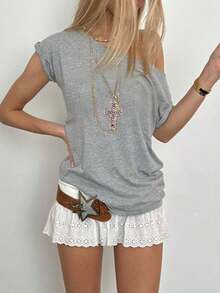 Sundraya Women's Casual Solid Color Asymmetric Neck T-Shirt, Summer Graphic Tees Women Tops - Light Grey - View 4