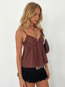 Sundraya Women's Lace Patchwork Casual Sexy Versatile Party Golf Camisole Pastal Summer - Coffee Brown - View 4