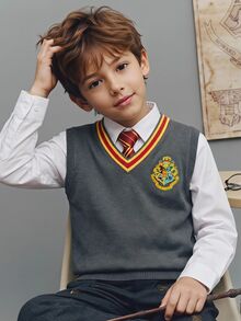PrepCrw HARRY POTTER X SHEIN Kids Tween Boy V-Neck Contrast Color College Embroidered Contrast Knit Vest Autumn - Grey - View 2