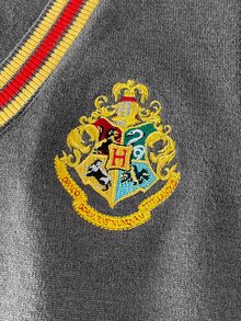 PrepCrw HARRY POTTER X SHEIN Kids Tween Boy V-Neck Contrast Color College Embroidered Contrast Knit Vest Autumn - Grey - View 3