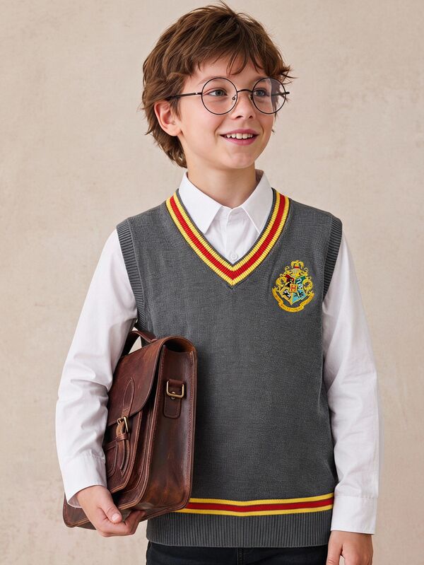 PrepCrw HARRY POTTER X SHEIN Kids Tween Boy V-Neck Contrast Color College Embroidered Contrast Knit Vest Autumn
