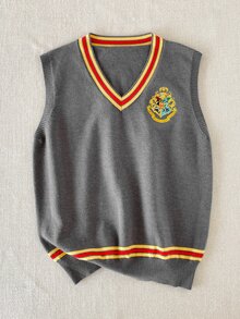 PrepCrw HARRY POTTER X SHEIN Kids Tween Boy V-Neck Contrast Color College Embroidered Contrast Knit Vest Autumn - Grey - View 4