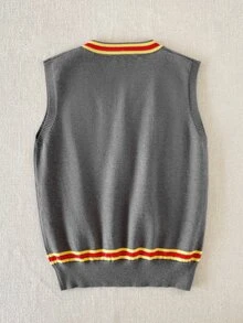 PrepCrw HARRY POTTER X SHEIN Kids Tween Boy V-Neck Contrast Color College Embroidered Contrast Knit Vest Autumn - Grey - View 5