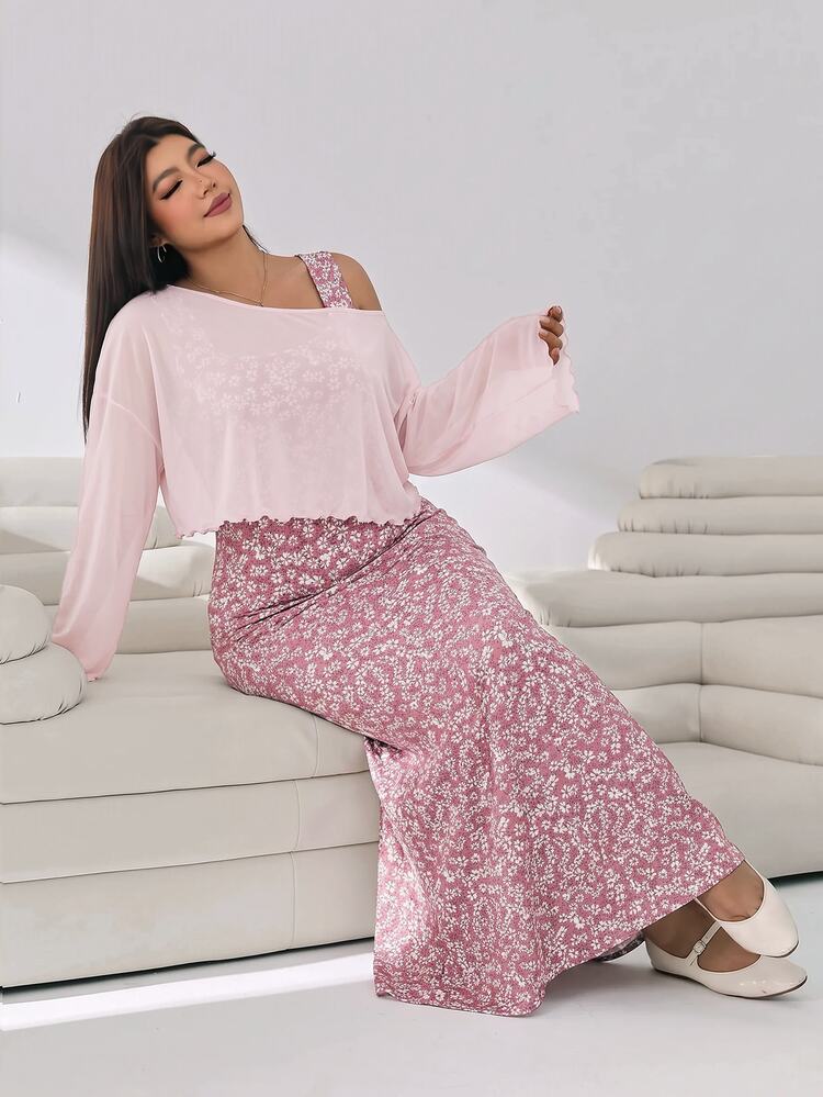 Solflare Pink Casual Women's Plus Size Asymmetrical Shoulder Long Sleeve Top And Ditsy Floral Dress Set - Pink - View 3