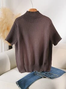 CosyJoli Sweater Lengan Pendek Kerah Tegak Warna Polos Ukuran Besar untuk Kantor Formal Cokelat Tua Kasual Musim Gugur Lembut dan Sederhana - Coklat - View 3
