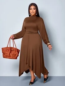 SOLERSUN Gaun Plus Model Kerah Tinggi Lengan Lentera dengan Hem Asimetris untuk Musim Gugur - Coklat - View 7