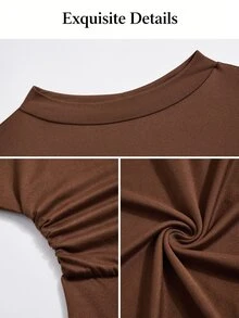 SOLERSUN Gaun Plus Model Kerah Tinggi Lengan Lentera dengan Hem Asimetris untuk Musim Gugur - Coklat - View 8