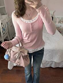 Comfortcana Women's 2 In 1 Ditsy Floral Patchwork Button Long Sleeve T-Shirt Date Pink Floral Autumn Cute Back To School At-Home - Pink - View 8