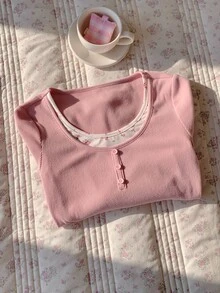 Comfortcana Women's 2 In 1 Ditsy Floral Patchwork Button Long Sleeve T-Shirt Date Pink Floral Autumn Cute Back To School At-Home - Pink - View 3