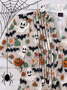 Franclia Plus Size Halloween Skull Spider Web Pumpkin Pattern Faux Sweater Print Puff Sleeve Short Sleeve V-Neck Women's Blouse - Apricot - View 6