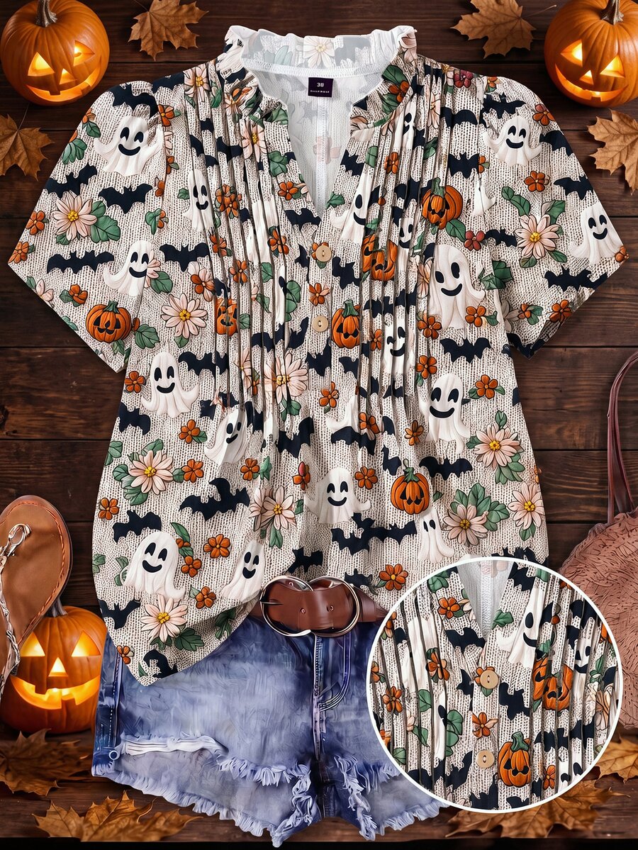 Franclia Plus Size Halloween Skull Spider Web Pumpkin Pattern Faux Sweater Print Puff Sleeve Short Sleeve V-Neck Women's Blouse - Apricot - View 1