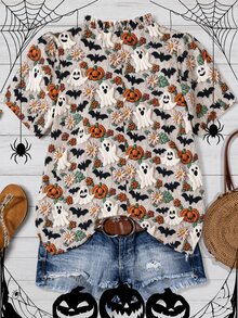 Franclia Plus Size Halloween Skull Spider Web Pumpkin Pattern Faux Sweater Print Puff Sleeve Short Sleeve V-Neck Women's Blouse - Apricot - View 2