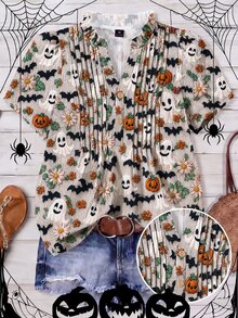 Franclia Plus Size Halloween Skull Spider Web Pumpkin Pattern Faux Sweater Print Puff Sleeve Short Sleeve V-Neck Women's Blouse - Apricot - View 3