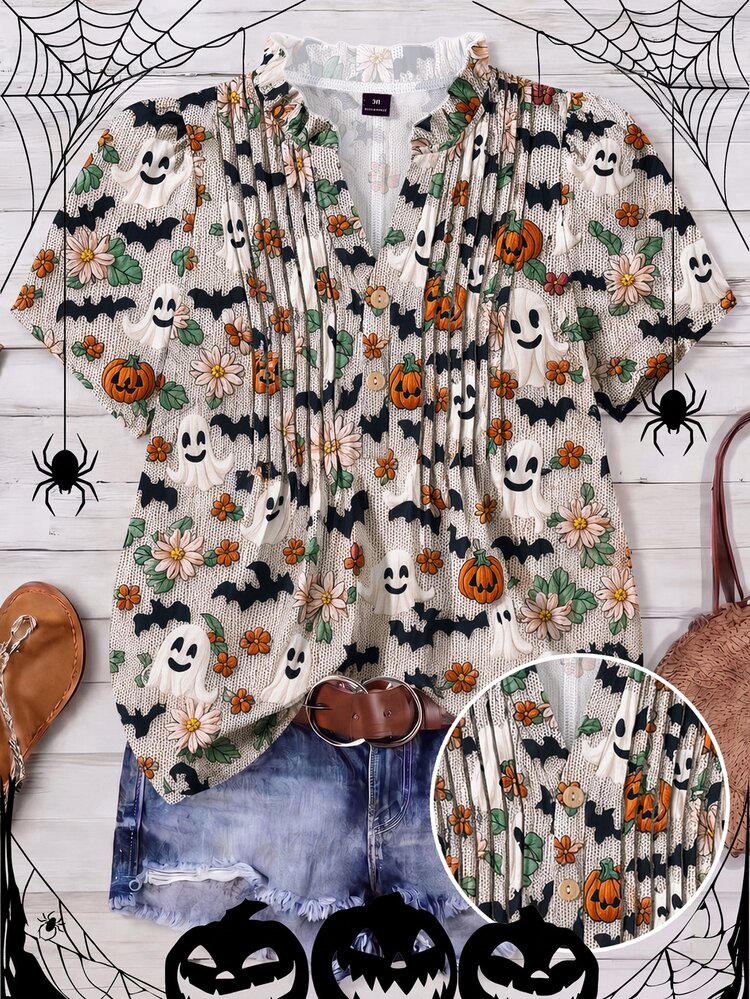 Franclia Blus Wanita Ukuran Besar Motif Tengkorak Halloween, Jaring Laba-laba, , Lengan Mengembang, Lengan Pendek, Leher V - Aprikot - View 3