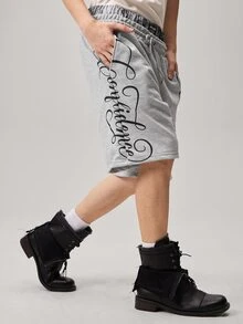Men's Casual Fashion Street Letter Print Drawstring Waist Double-Layered Loose Shorts, Summer - Light Grey - View 4
