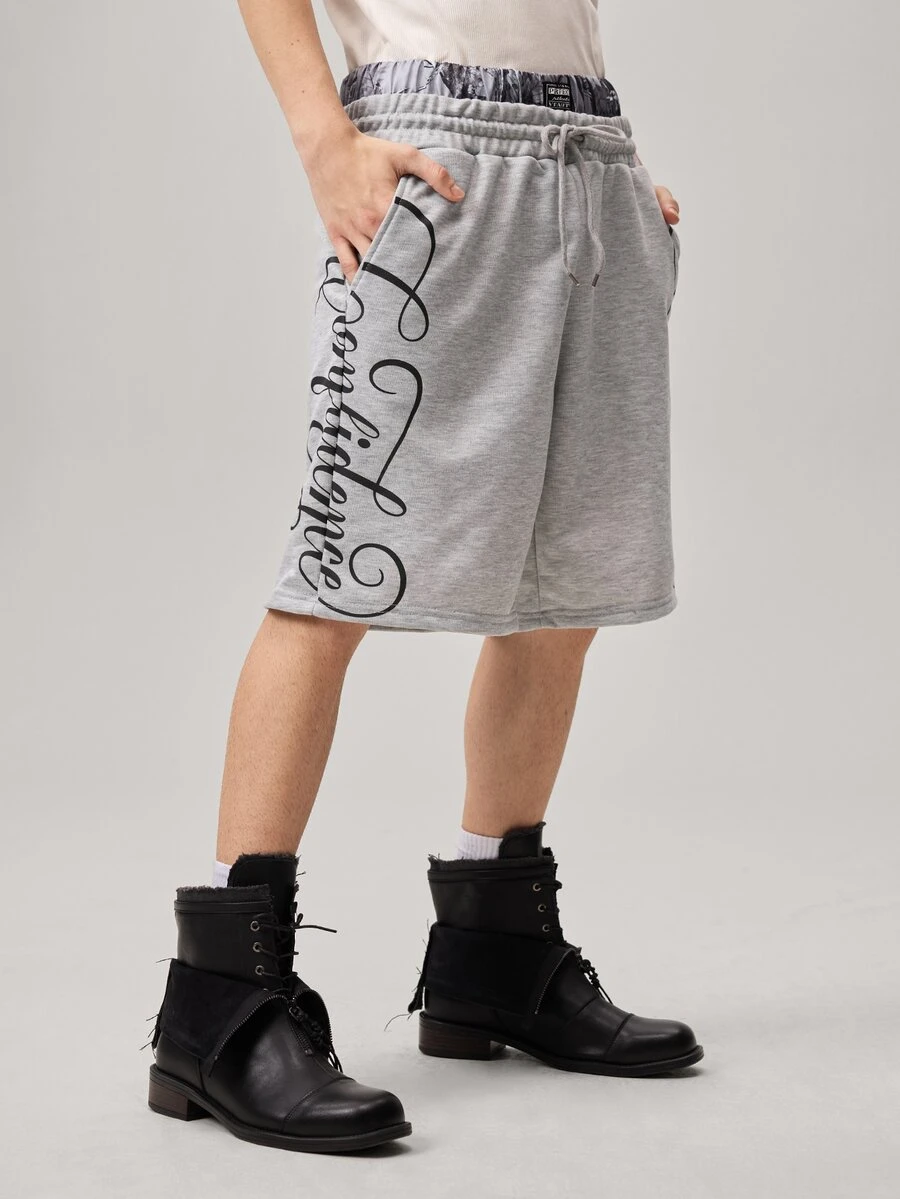 Men's Casual Fashion Street Letter Print Drawstring Waist Double-Layered Loose Shorts, Summer - Light Grey - View 1