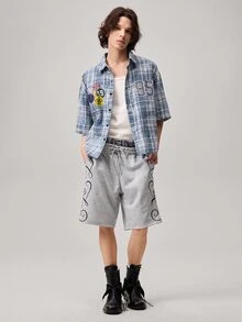 Men's Casual Fashion Street Letter Print Drawstring Waist Double-Layered Loose Shorts, Summer - Light Grey - View 7
