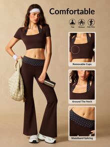 VARSIVA Women's Polka Dot Patchwork Cropped Top & Flare Pants Sports Activewear Set - Multicolor - View 11