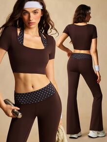 VARSIVA Women's Polka Dot Patchwork Cropped Top & Flare Pants Sports Activewear Set - Multicolor - View 12
