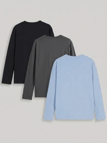 SHEIN Teen Boy Solid Color Crew Neck Casual Daily Long Sleeve T-Shirt - Multicolor - View 2