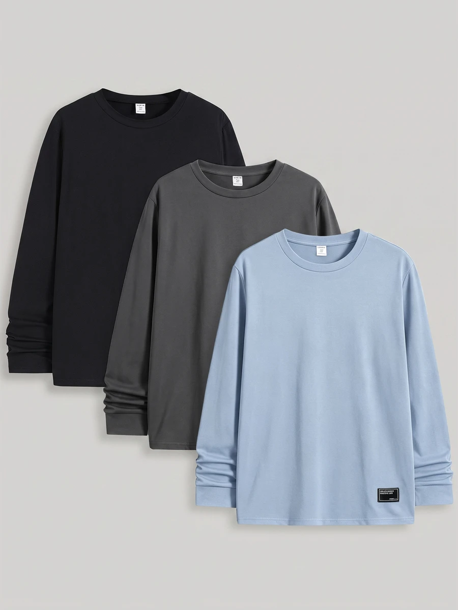 SHEIN Teen Boy Solid Color Crew Neck Casual Daily Long Sleeve T-Shirt - Multicolor - View 1