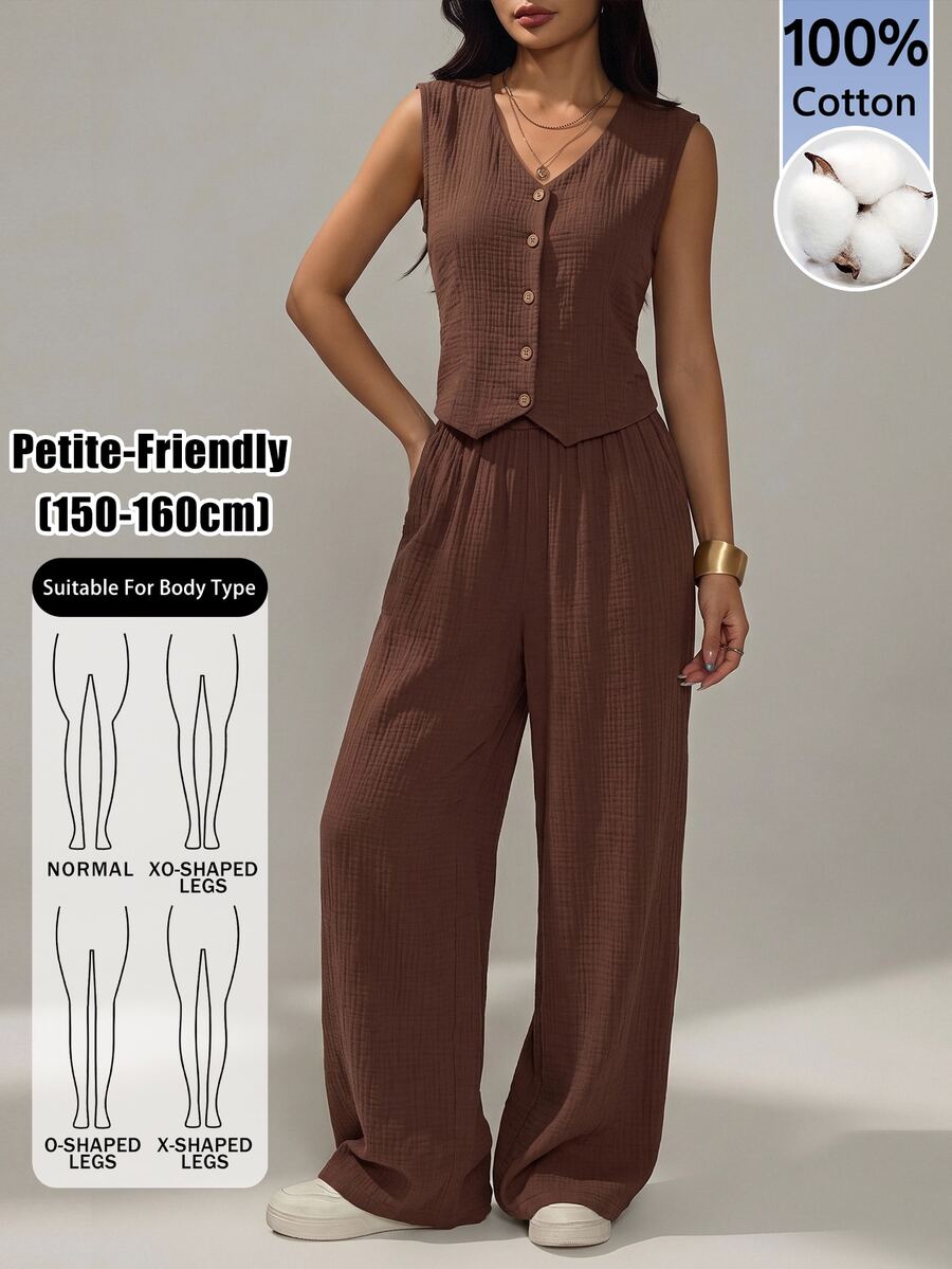 SHEIN PETITE 女款純色單排扣背心與長褲休閒兩件套 - 棕色 - 查看 1