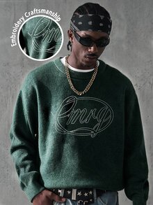 Manfinity EMRG Men's Letter Embroidered Crew Neck Long Sleeve Casual Versatile Sweatshirt - Dark Green - View 4