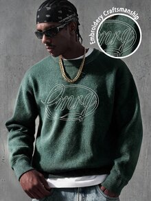 Manfinity EMRG Men's Letter Embroidered Crew Neck Long Sleeve Casual Versatile Sweatshirt - Dark Green - View 1
