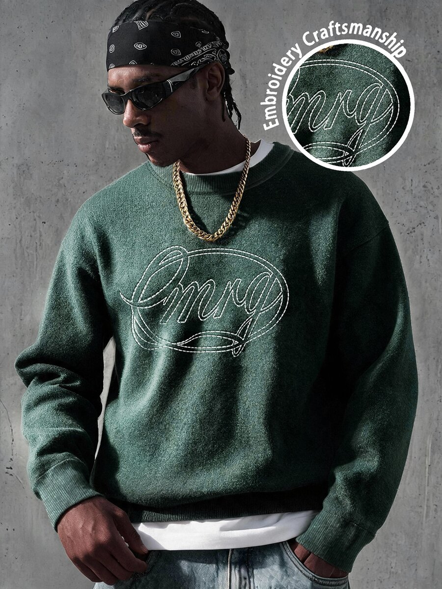 Manfinity EMRG Men's Letter Embroidered Crew Neck Long Sleeve Casual Versatile Sweatshirt - Dark Green - View 1