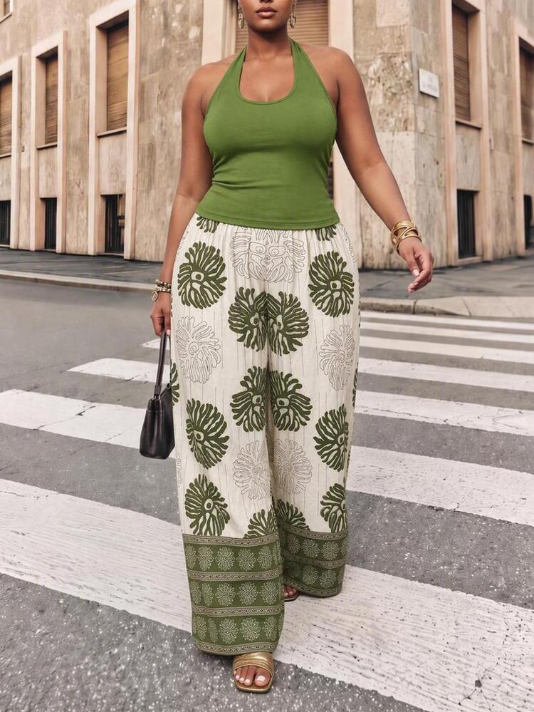 Zivah New Summer/Autumn Plus Size Women's Halter Neck Tie Top&Loose Straight Leg Trousers Set/Elegant/Party/Vacation/Festival/Holiday/Green Floral Pattern - Green - View 1