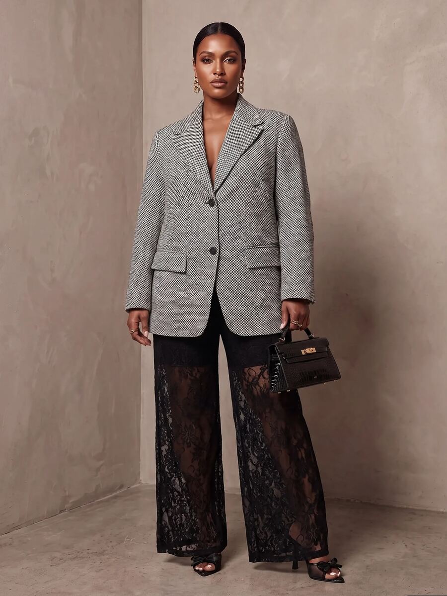 Veslaya 2026 Spring/Summer Women's Plus Size New Bold, Classy Feminine Style Tummy Control Fit Breathable Premium Elegant Romantic Classic Black Lace Contrast Color Suit Set