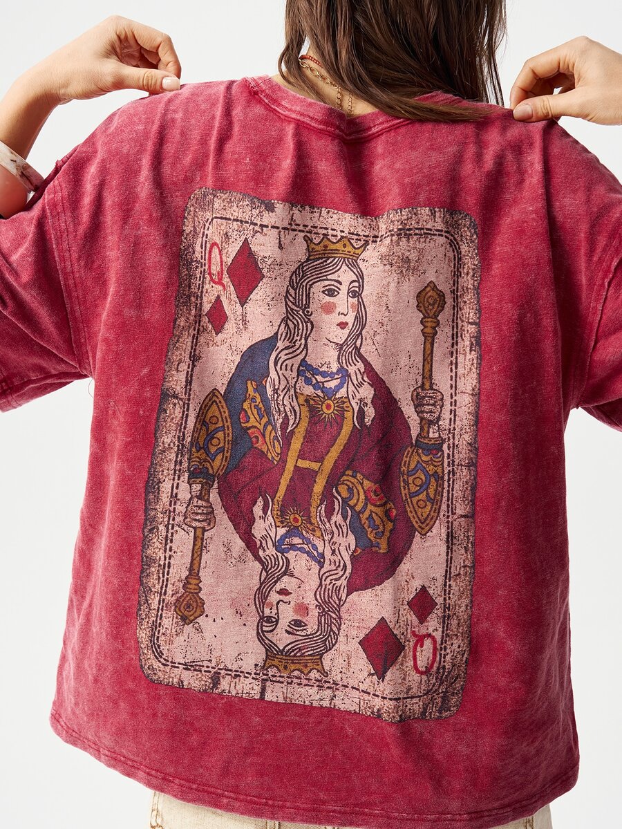 Bohemela Street Women's Dark Red Summer Streetwear T-Shirt,Vintage Washed Distressed Knit Fabric,Back Graphic Detail,Casual Top Everyday Night Out Weekend - Red - View 1