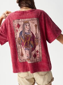 Bohemela Street Women's Dark Red Summer Streetwear T-Shirt,Vintage Washed Distressed Knit Fabric,Back Graphic Detail,Casual Top Everyday Night Out Weekend - Red - View 2