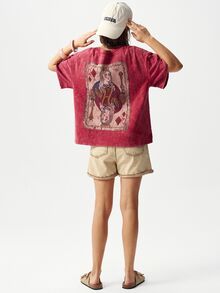 Bohemela Street Women's Dark Red Summer Streetwear T-Shirt,Vintage Washed Distressed Knit Fabric,Back Graphic Detail,Casual Top Everyday Night Out Weekend - Red - View 9