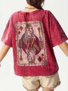 Bohemela Street Women's Dark Red Summer Streetwear T-Shirt,Vintage Washed Distressed Knit Fabric,Back Graphic Detail,Casual Top Everyday Night Out Weekend - Red - View 5