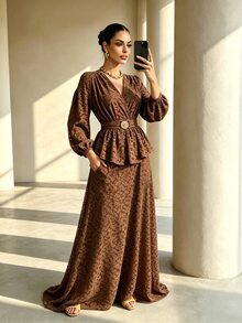 Xyvia Set 2 Potong Atasan dan Rok Maillard Vintage Kerah V dengan Kelim Ruffle Gaya Elegan - MultiWarna - View 1