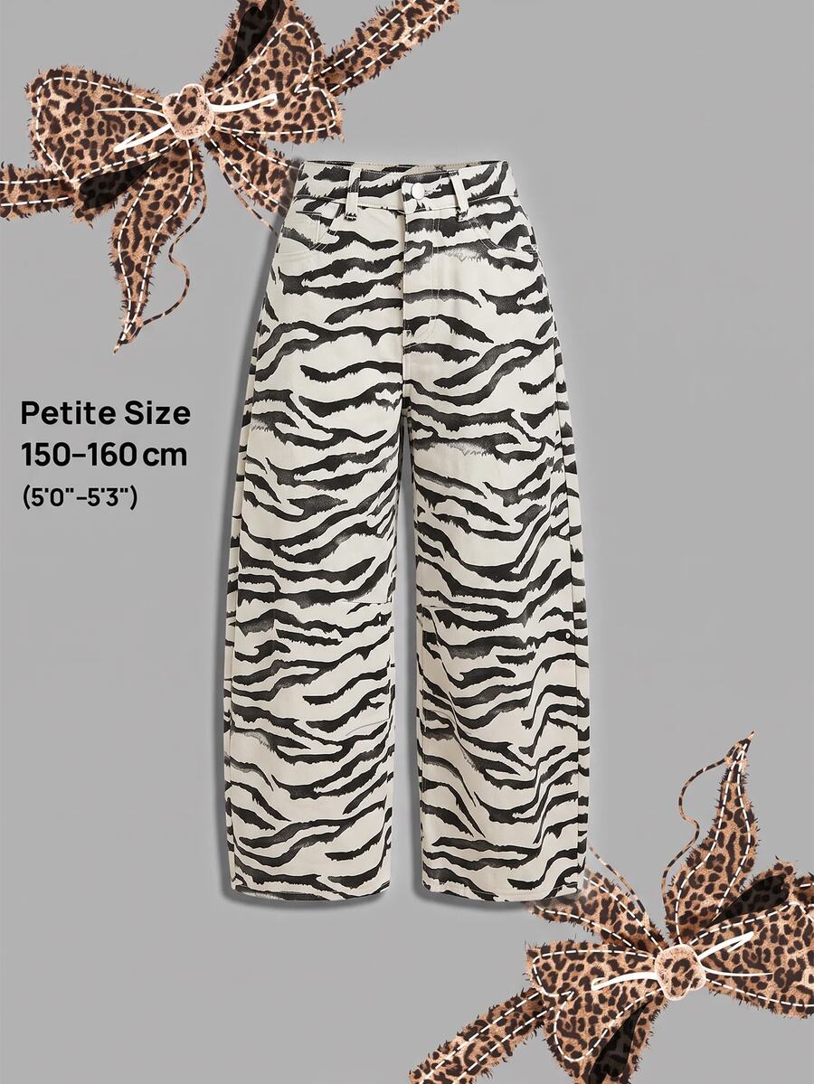 SHEIN PETITE 女款斑馬紋寬腿寬鬆休閒牛仔褲 - 彩色 - 查看 1